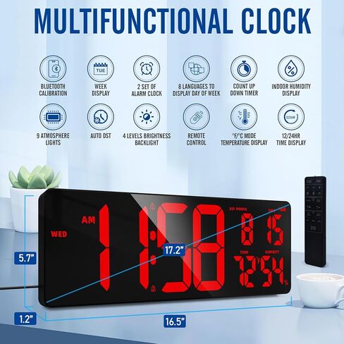 ساعة حائط رقمية LED كبيرة الحجم بتقنية البلوتوث مقاس 16.5 بوصة من TXL، ساعة مؤقت للعد لأعلى/لأسفل مع إضاءة محيطة، ساعة حائط ذات سطوع قابل للتعديل للمنزل والمكتب وصالة الألعاب الرياضية وكبار السن، التوقيت الصيفي التلقائي in Kuwait