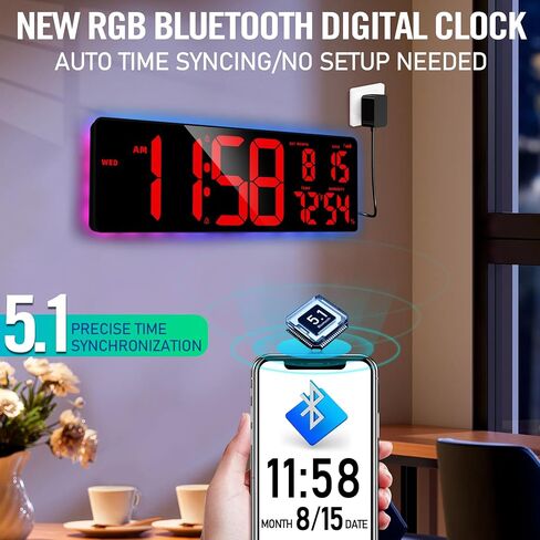 ساعة حائط رقمية LED كبيرة الحجم بتقنية البلوتوث مقاس 16.5 بوصة من TXL، ساعة مؤقت للعد لأعلى/لأسفل مع إضاءة محيطة، ساعة حائط ذات سطوع قابل للتعديل للمنزل والمكتب وصالة الألعاب الرياضية وكبار السن، التوقيت الصيفي التلقائي in Kuwait