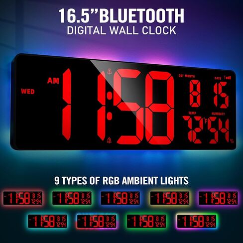 ساعة حائط رقمية LED كبيرة الحجم بتقنية البلوتوث مقاس 16.5 بوصة من TXL، ساعة مؤقت للعد لأعلى/لأسفل مع إضاءة محيطة، ساعة حائط ذات سطوع قابل للتعديل للمنزل والمكتب وصالة الألعاب الرياضية وكبار السن، التوقيت الصيفي التلقائي in Kuwait
