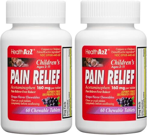 مسكن الألم القابل للمضغ من HealthA2Z® للأطفال | اسيتامينوفين 160 ملغ | 60 قرصًا للمضغ | مضغ بنكهة العنب | خالي من الأسبرين والإيبوبروفين in Kuwait