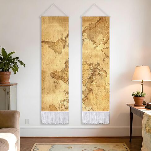 CORNER LANCE 2 Pack Old World Map Theme Vertical Tapestry, Vintage Wall Decorative Tapestries Hanging Art with Tassels for Bedroom Living Roomb Office, Home Decor Housewarming Gift (45.7x13 Inch) in Kuwait
