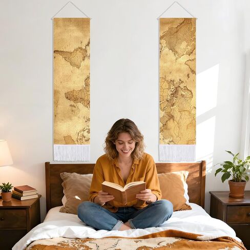 CORNER LANCE 2 Pack Old World Map Theme Vertical Tapestry, Vintage Wall Decorative Tapestries Hanging Art with Tassels for Bedroom Living Roomb Office, Home Decor Housewarming Gift (45.7x13 Inch) in Kuwait