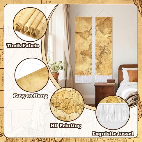 CORNER LANCE 2 Pack Old World Map Theme Vertical Tapestry, Vintage Wall Decorative Tapestries Hanging Art with Tassels for Bedroom Living Roomb Office, Home Decor Housewarming Gift (45.7x13 Inch) in Kuwait