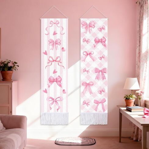 CORNER LANCE 2 Pack Pink Bow Vertical Tapestry, Wall Decorative Tapestries Hanging Art with Tassels for Bedroom Living Roomb Office, Home Decor Housewarming Gift (45.7x13 Inch) in Kuwait