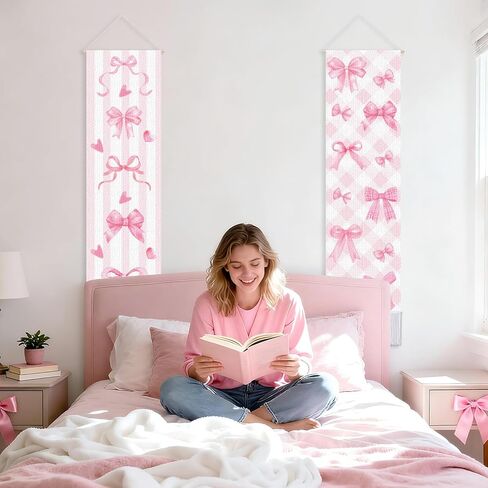 CORNER LANCE 2 Pack Pink Bow Vertical Tapestry, Wall Decorative Tapestries Hanging Art with Tassels for Bedroom Living Roomb Office, Home Decor Housewarming Gift (45.7x13 Inch) in Kuwait