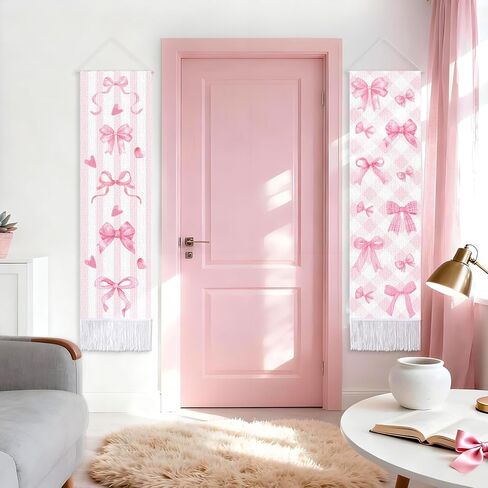 CORNER LANCE 2 Pack Pink Bow Vertical Tapestry, Wall Decorative Tapestries Hanging Art with Tassels for Bedroom Living Roomb Office, Home Decor Housewarming Gift (45.7x13 Inch) in Kuwait