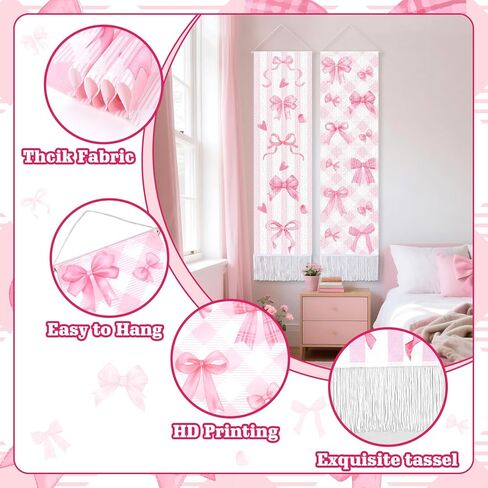 CORNER LANCE 2 Pack Pink Bow Vertical Tapestry, Wall Decorative Tapestries Hanging Art with Tassels for Bedroom Living Roomb Office, Home Decor Housewarming Gift (45.7x13 Inch) in Kuwait