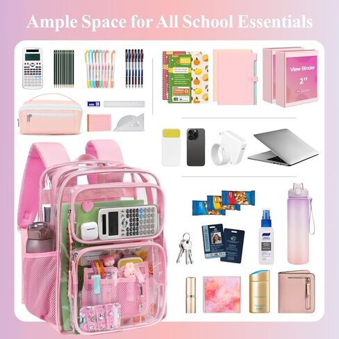 PACKISM Clear Backpack for girls - 17 inch Large Heavy Duty Bookbag for School, Reinforced See Through PVC Transparent Backpack for Students, Cute Pink (Age 12+) in Kuwait