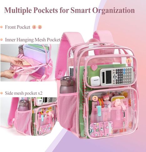 PACKISM Clear Backpack for girls - 17 inch Large Heavy Duty Bookbag for School, Reinforced See Through PVC Transparent Backpack for Students, Cute Pink (Age 12+) in Kuwait