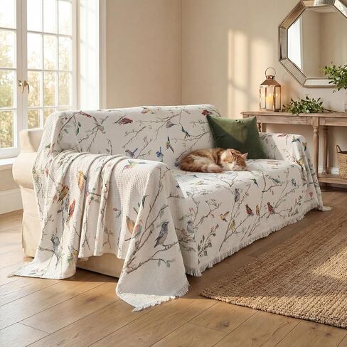 Horaldaily Spring Summer Waffle Couch Sofa Slip Cover, Birds Branch Floral Non Slip Washable Couch Sofa Cover for 2 Cushion Pet Friendly, Sectional L Shape Covers for Dogs, Kids,71"x118" in Saudi Arabia