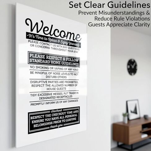 Acrylic 5x7 Airbnb Essentials for Hosts Sign, Air Bnb Supplies Standard Guidelines, No Smoking Signs for Airbnb, Be Mindful of Noise Sign, Checkout Reminder Sign, Short Term Rental Sign, Made in USA in Saudi Arabia