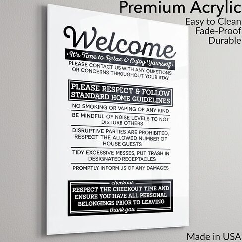 Acrylic 5x7 Airbnb Essentials for Hosts Sign, Air Bnb Supplies Standard Guidelines, No Smoking Signs for Airbnb, Be Mindful of Noise Sign, Checkout Reminder Sign, Short Term Rental Sign, Made in USA in Saudi Arabia