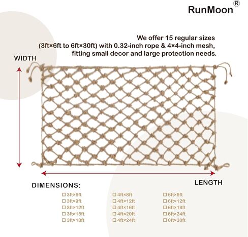 Multi-Use Hemp Rope Net: Natural Jute, 15 Sizes, Ideal for Indoor/Outdoor Decor & Safety, Handcrafted with Free Installation Accessories (3x6ft) in Saudi Arabia