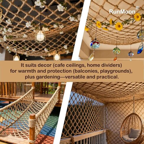 Multi-Use Hemp Rope Net: Natural Jute, 15 Sizes, Ideal for Indoor/Outdoor Decor & Safety, Handcrafted with Free Installation Accessories (3x6ft) in Saudi Arabia