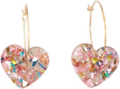 Colorful Glitter Heart Dangle Earrings for Women, Resin Heart Statement Earrings with Gold Hoop, Fashion Party Daily Wear Jewelry Gift for Her in Kuwait
