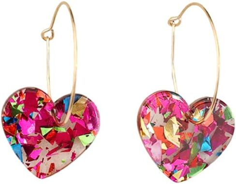 Colorful Glitter Heart Dangle Earrings for Women, Resin Heart Statement Earrings with Gold Hoop, Fashion Party Daily Wear Jewelry Gift for Her in Saudi Arabia