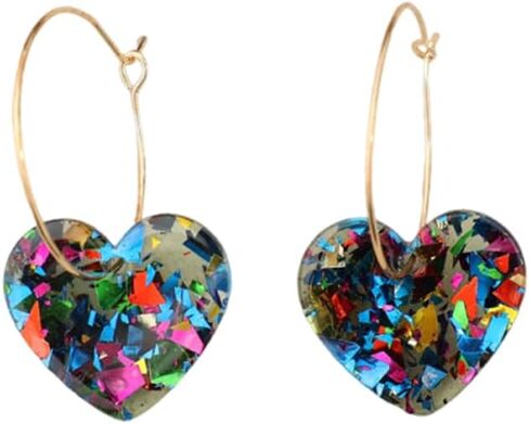 Colorful Glitter Heart Dangle Earrings for Women, Resin Heart Statement Earrings with Gold Hoop, Fashion Party Daily Wear Jewelry Gift for Her in Saudi Arabia