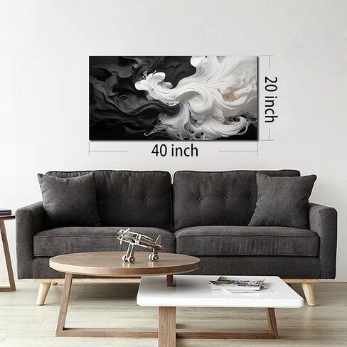 لوحة فنية جدارية تجريدية باللونين الأبيض والأسود لغرفة المعيشة، لوحة مطبوعة على قماش محايدة حديثة وبسيطة، صورة زخرفية لديكور الحائط، عمل فني لغرفة النوم وغرفة الطعام والمكتب المنزلي، مقاس 40 × 20 بوصة in Kuwait