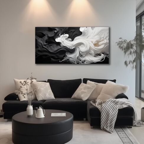 لوحة فنية جدارية تجريدية باللونين الأبيض والأسود لغرفة المعيشة، لوحة مطبوعة على قماش محايدة حديثة وبسيطة، صورة زخرفية لديكور الحائط، عمل فني لغرفة النوم وغرفة الطعام والمكتب المنزلي، مقاس 40 × 20 بوصة in Kuwait