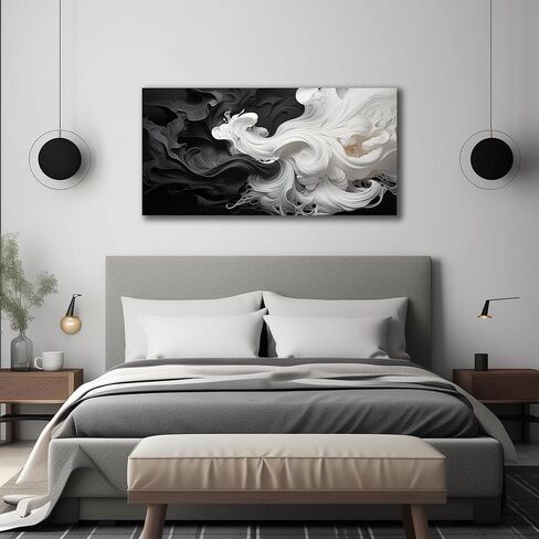 لوحة فنية جدارية تجريدية باللونين الأبيض والأسود لغرفة المعيشة، لوحة مطبوعة على قماش محايدة حديثة وبسيطة، صورة زخرفية لديكور الحائط، عمل فني لغرفة النوم وغرفة الطعام والمكتب المنزلي، مقاس 40 × 20 بوصة in Kuwait