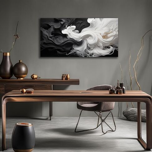لوحة فنية جدارية تجريدية باللونين الأبيض والأسود لغرفة المعيشة، لوحة مطبوعة على قماش محايدة حديثة وبسيطة، صورة زخرفية لديكور الحائط، عمل فني لغرفة النوم وغرفة الطعام والمكتب المنزلي، مقاس 40 × 20 بوصة in Kuwait