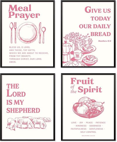 Locomiss Pink Christian Bible Verse Kitchen Wall Art Posters Decor, Fruit of Spirit Scripture Prayer Wall Art Print for Kitchen Dining Room Home Bedroom Decor, Set of 4 (8x10 Unframed) in Saudi Arabia