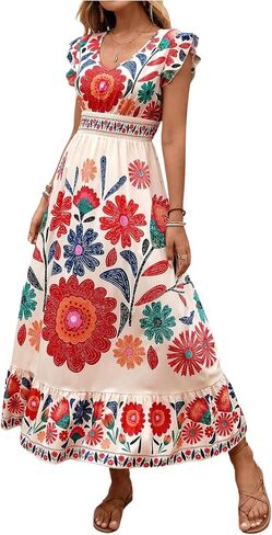 Women's Boho Floral Maxi Dress Summer Ruffle V Neck Flowy Sundress Beach Vacation Outfits in Kuwait
