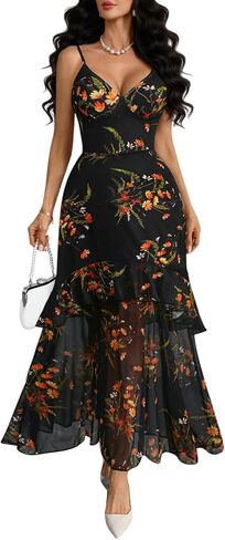 GothDark Women Floral Mesh Maxi Dress Sexy V Neck Spaghetti Strap Tiered Ruffle Hem Party Long Dresses for Wedding Guest in Kuwait