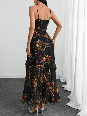 GothDark Women Floral Mesh Maxi Dress Sexy V Neck Spaghetti Strap Tiered Ruffle Hem Party Long Dresses for Wedding Guest in Saudi Arabia