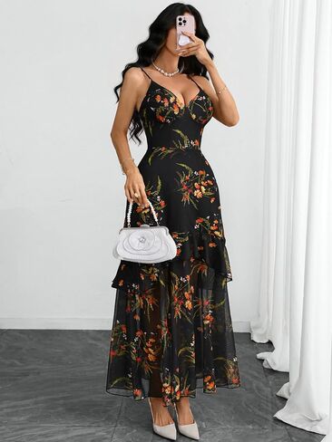 GothDark Women Floral Mesh Maxi Dress Sexy V Neck Spaghetti Strap Tiered Ruffle Hem Party Long Dresses for Wedding Guest in Saudi Arabia