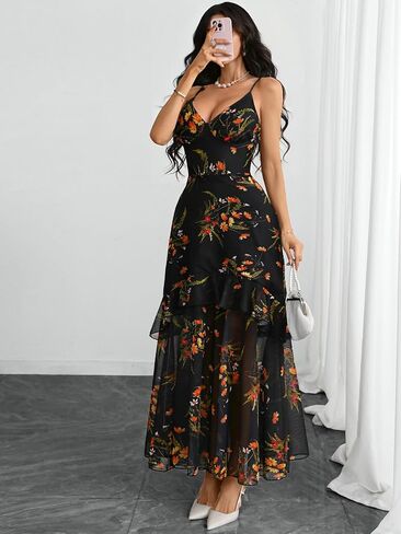 GothDark Women Floral Mesh Maxi Dress Sexy V Neck Spaghetti Strap Tiered Ruffle Hem Party Long Dresses for Wedding Guest in Saudi Arabia