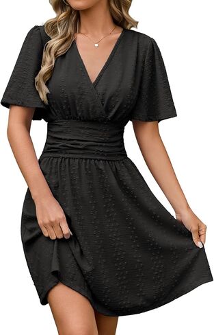 فستان Yusongirl نسائي صيفي قصير منقط سويسري - 2026 بأكمام قصيرة ورقبة على شكل حرف V وخصر مكشكش على شكل حرف A فستان بيبي دول لقضاء العطلات in Kuwait