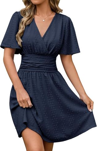 Yusongirl Women's Swiss Dot Summer Mini Dress - 2026 Short Sleeve V-Neck Smocked Waist A-Line Babydoll Dress for Vacation in Saudi Arabia