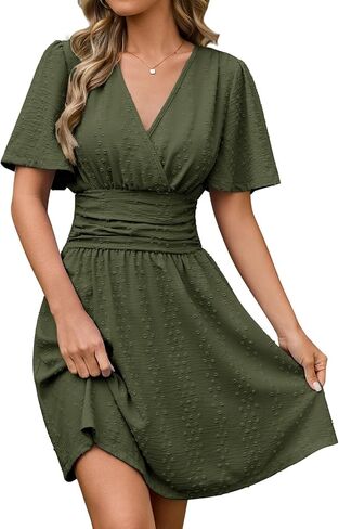 Yusongirl Women's Swiss Dot Summer Mini Dress - 2026 Short Sleeve V-Neck Smocked Waist A-Line Babydoll Dress for Vacation in Saudi Arabia