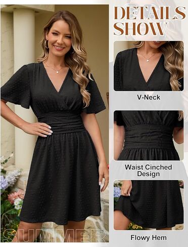 Yusongirl Women's Swiss Dot Summer Mini Dress - 2026 Short Sleeve V-Neck Smocked Waist A-Line Babydoll Dress for Vacation in Saudi Arabia
