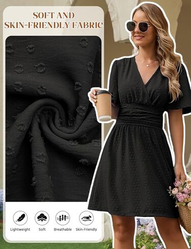 Yusongirl Women's Swiss Dot Summer Mini Dress - 2026 Short Sleeve V-Neck Smocked Waist A-Line Babydoll Dress for Vacation in Saudi Arabia