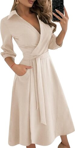 GRASWE Women's Casual Wrap Flared Midi Dress A-Line Swing V-Neck 3/4 Sleeve Dress Wedding Guest Cocktail Shirt Dresses in Kuwait