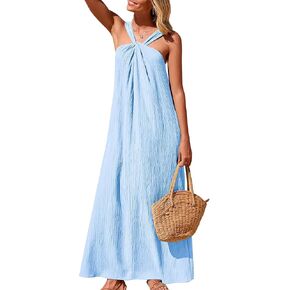 Kikibell Women's Summer Sleeveless Halter Sundress with Pockets Casual Strappy Beach Vacation Loose Flowy Maxi Long Dress in Kuwait