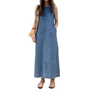 Retro Denim Jumper Dress for Women Sleeveless Crewneck Maxi Long Jean Vest Shift Dress with Pockets in Saudi Arabia