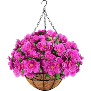 Ouddy Decor Artificial Hanging Flowers with Basket, Silk Azalea Flowers in Coconut Basket, Fake Hanging Plants Artificial Decor for Outdoor Indoor Yard Garden Patio Home Room Porch Decor (Fuchsia) in Kuwait