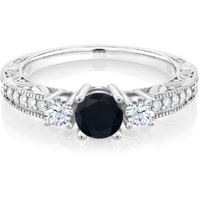 Gem Stone King 925 Sterling Silver Black Onyx and White Created Sapphire 3-Stone Ring For Women | 0.87 Cttw | Gemstone Birthstone | Wedding Engagement Anniversary Promise Ring For Women in Kuwait