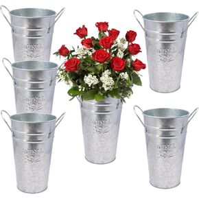6 Packs 8 Inch Tall Galvanized Metal Flower Vases with Handles, Metal Flower Buckets for Cut Flowers, Country Wedding, Table Centerpiece Decorations(Sliver) in Kuwait