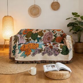 Vintage Cotton Crochet Sofa Cover, Colorful Floral Pattern 3 Cushions Couch Cover, Soft Durable Multifunctional Furniture Cover for Living Room L Shaped Sectional, 71"x134" in Saudi Arabia