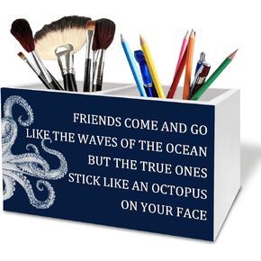 Funny Friend Gifts Pen Holder for Desk, Navy Blue Octopus Friends Come and Go Wooden Box Sign Desk Decor for Home Office Decoration, Friendship Gifts Pencil Organizer in Kuwait