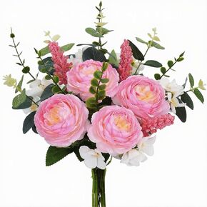 17PCS Artificial Pink Peony Flower Bouquet, Faux Spring Silk Floral Arrangements Peonies Cemetery Flowers Bouquets with Fake Stems for Vase, Wedding, Party, Grave, Table Centerpieces in Saudi Arabia