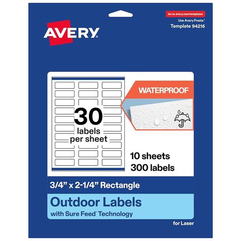 Avery Outdoor Waterproof Rectangle Labels with Sure Feed Technology, 0.75" x 2.25", White Film, Print-to-The-Edge, Compatible with Laser Printers, 300 Labels Total in Saudi Arabia