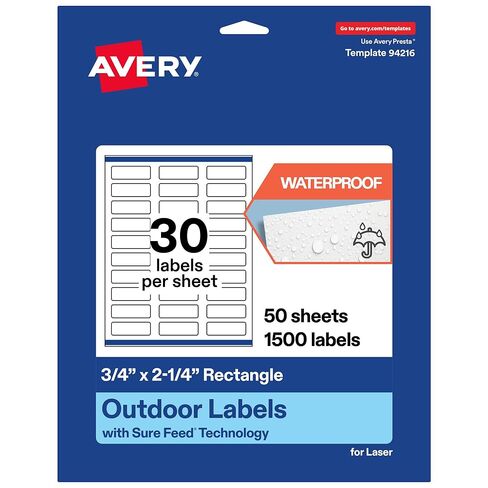 Avery Outdoor Waterproof Rectangle Labels with Sure Feed Technology, 0.75" x 2.25", White Film, Print-to-The-Edge, Compatible with Laser Printers, 300 Labels Total in Saudi Arabia