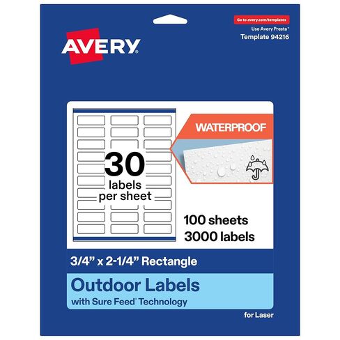 Avery Outdoor Waterproof Rectangle Labels with Sure Feed Technology, 0.75" x 2.25", White Film, Print-to-The-Edge, Compatible with Laser Printers, 300 Labels Total in Saudi Arabia