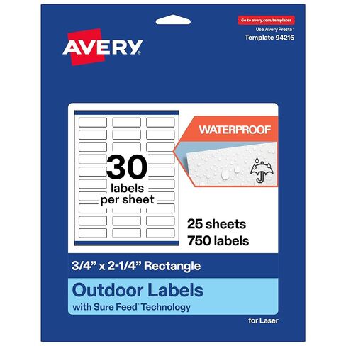 Avery Outdoor Waterproof Rectangle Labels with Sure Feed Technology, 0.75" x 2.25", White Film, Print-to-The-Edge, Compatible with Laser Printers, 300 Labels Total in Saudi Arabia