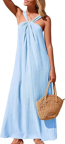 Kikibell Women's Summer Sleeveless Halter Sundress with Pockets Casual Strappy Beach Vacation Loose Flowy Maxi Long Dress in Kuwait